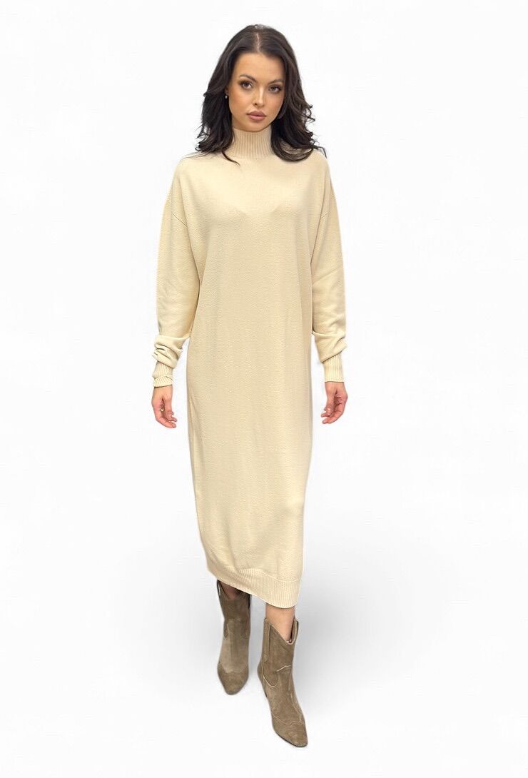 Kremowa midi sukienka z dzianiny z golfem Kontatto 3M0828C - obrazek 3