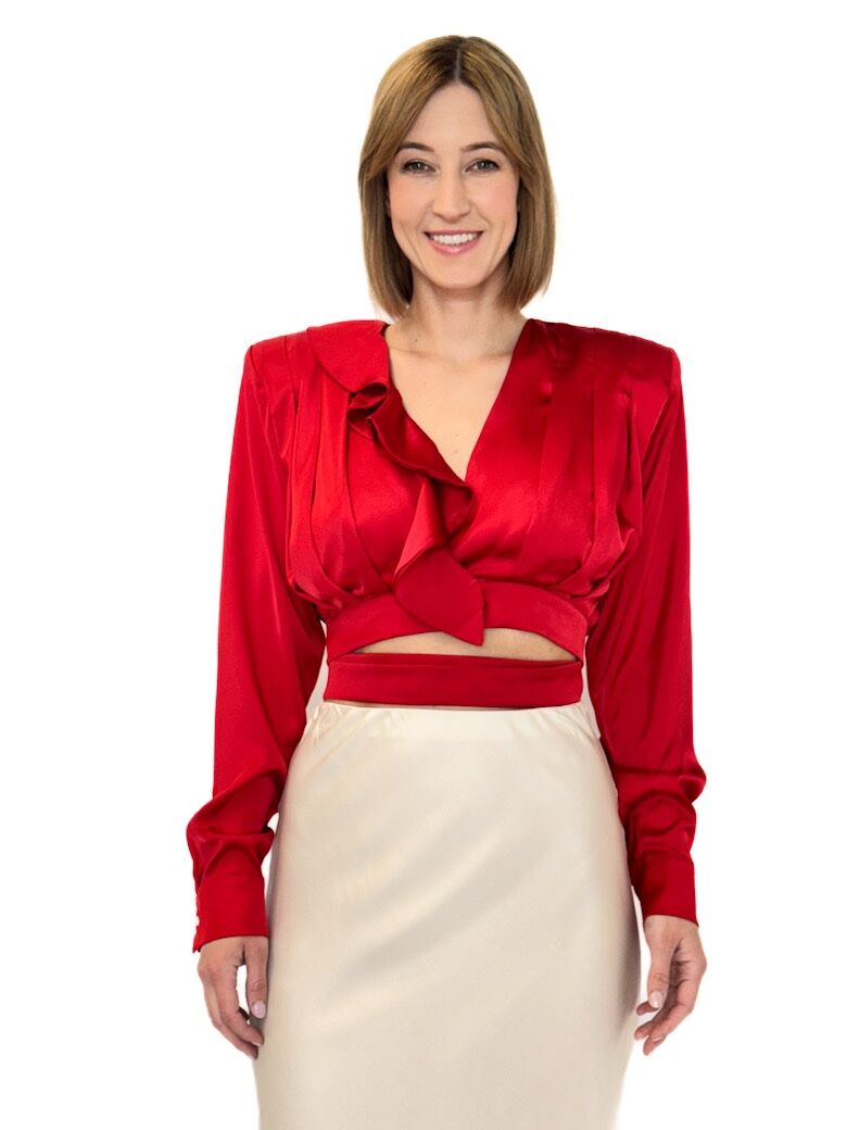 BLUZKA CZERWONA KRÓTKA Z WIĄZANIEM W PASIE REVISE POWELL19 - obrazek 3