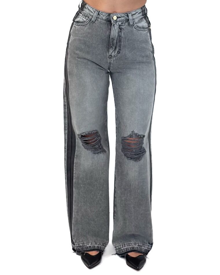 SZARE SZEROKIE JEANSY Z PRZETARCIAMI MOM TAMARA