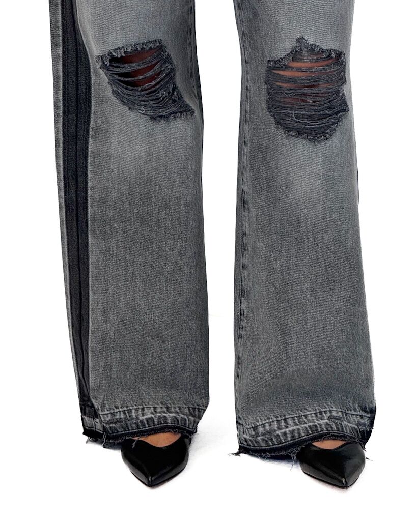 SZARE SZEROKIE JEANSY Z PRZETARCIAMI MOM TAMARA - obrazek 4