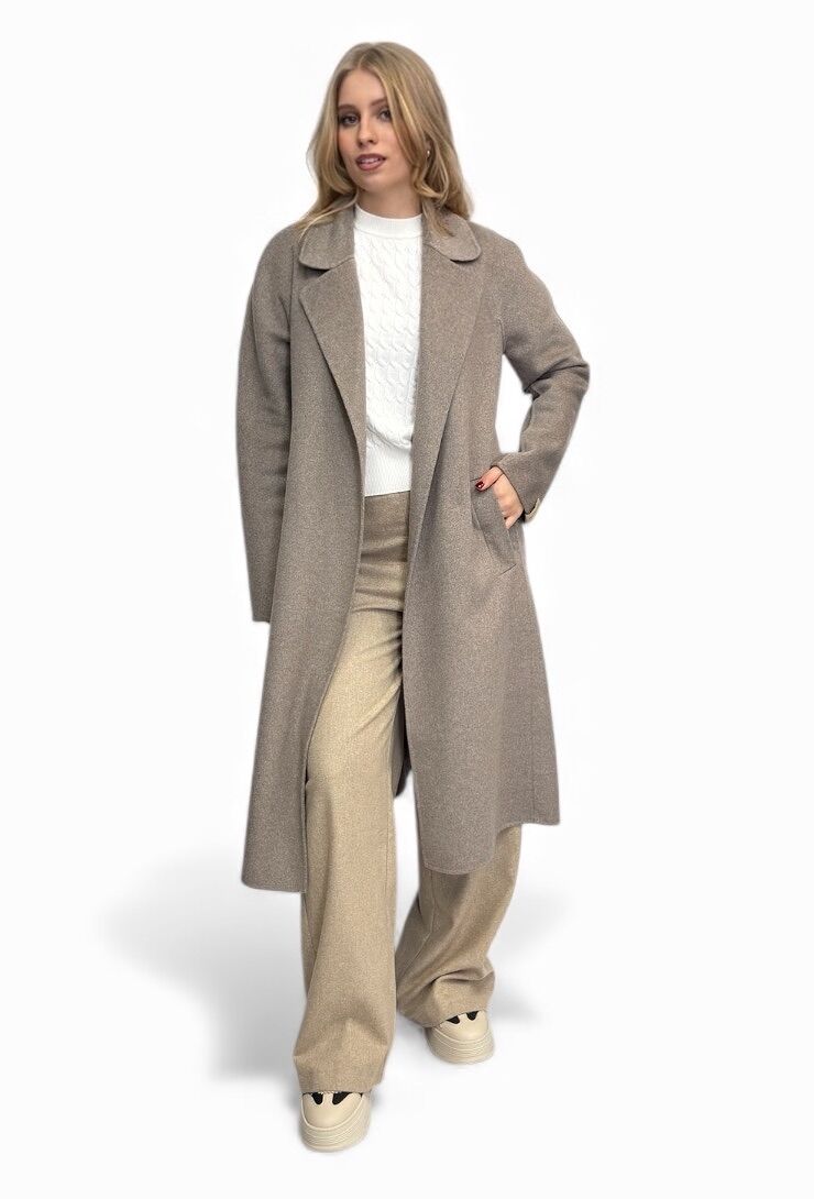 Beżowy płaszcz długi wiązany z wełną PIA B CIGALA