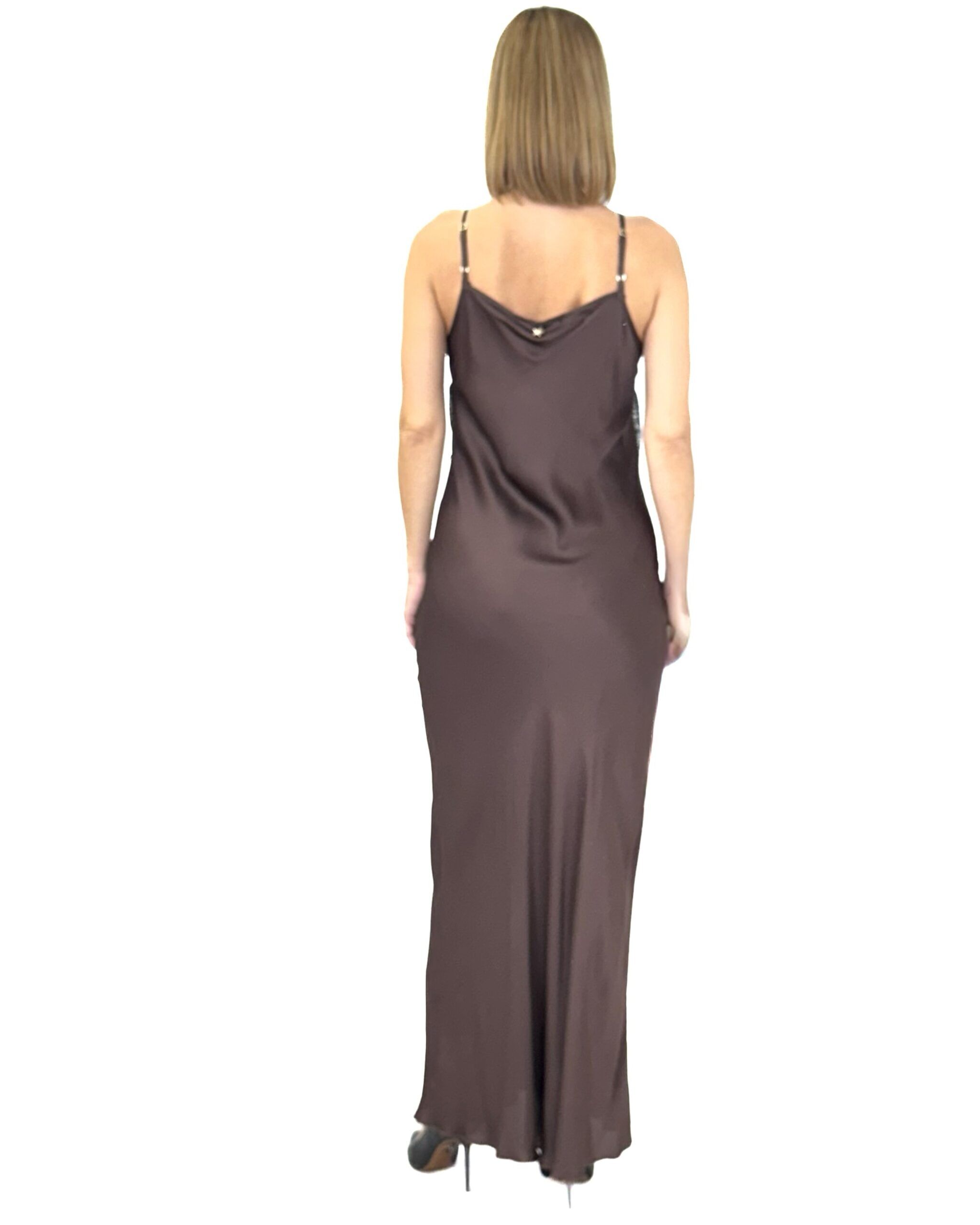 DŁUGA BRĄZOWA SATYNOWA SUKIENKA SOUVENIR S38M - obrazek 2