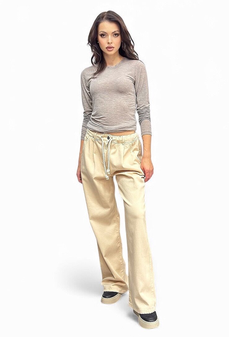 Luźne beżowe spodnie z prostą nogawką Pia B Isola - obrazek 3