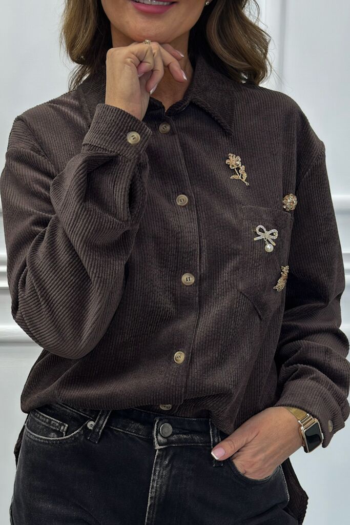 Czekoladowa koszula damska ze sztruksu Pia B Ledifa - obrazek 2