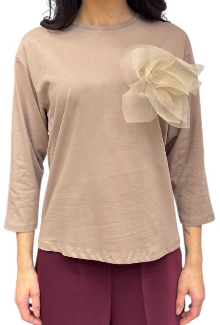 Beżowa bluzka z bawełny z aplikacją z tiulu Pia B Rosone - obrazek 2
