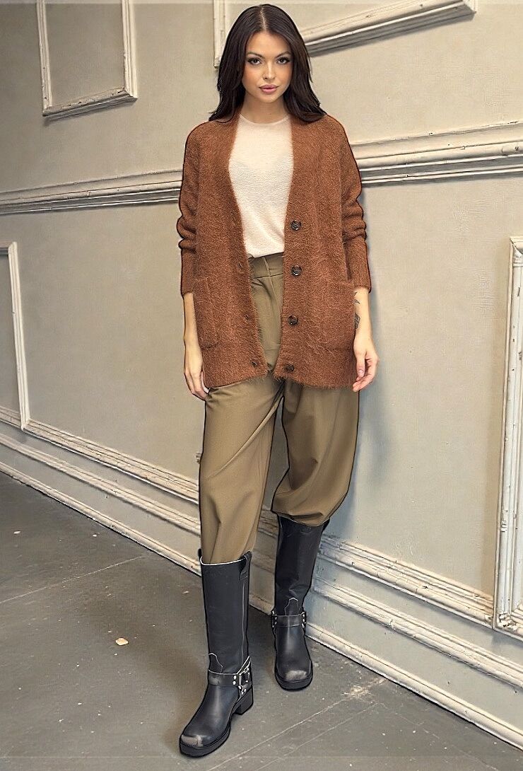 Brązowy sweter kardigan z alpaką Mos Mosh 156270