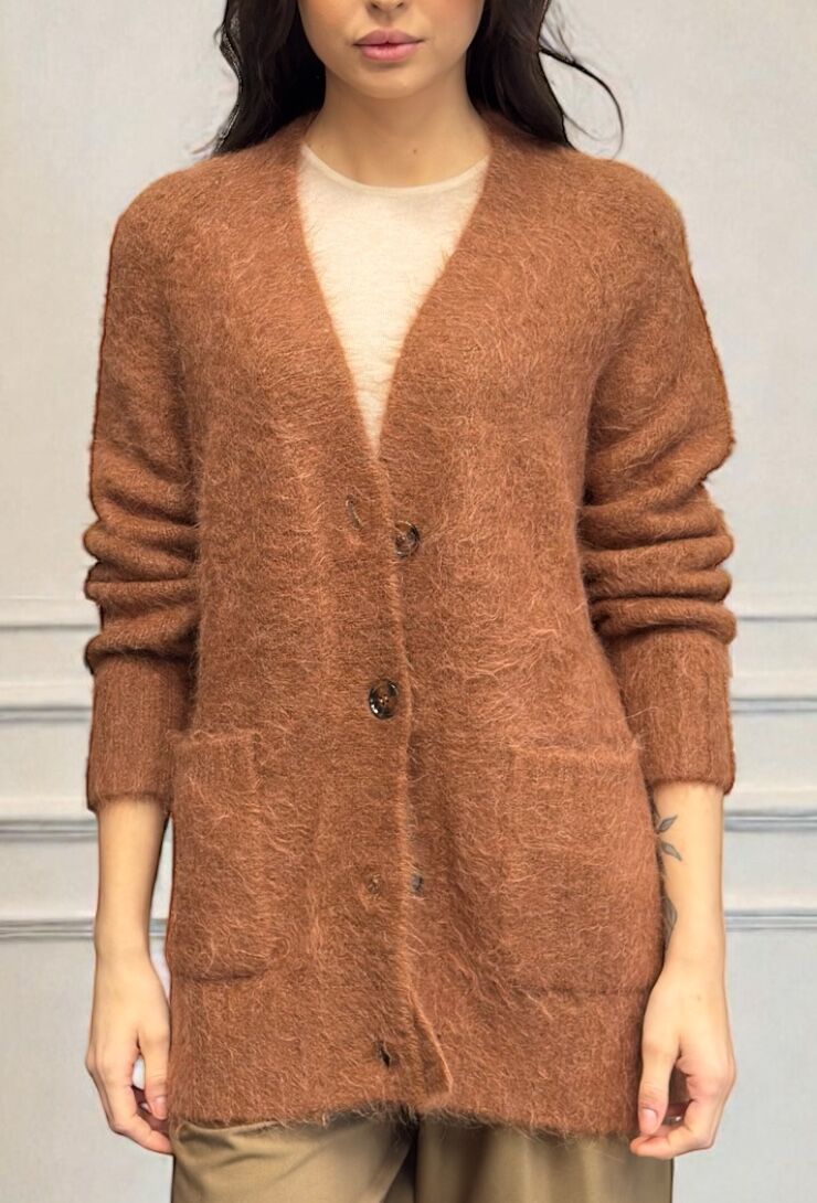 Brązowy sweter kardigan z alpaką Mos Mosh 156270 - obrazek 2