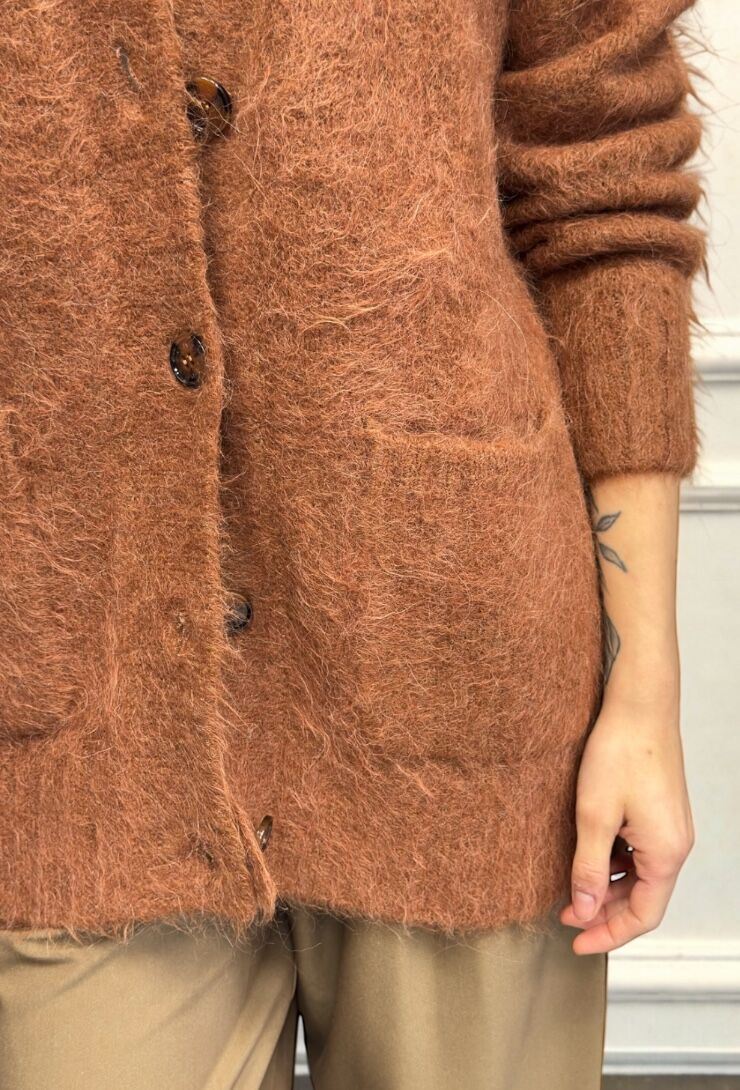Brązowy sweter kardigan z alpaką Mos Mosh 156270 - obrazek 3